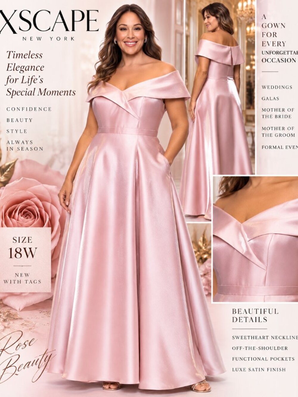 XSCAPE Plus 18W Rose Satin Off Shoulder Ball Gown NWT